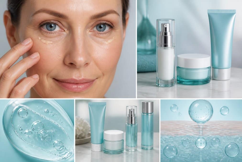 A woman in her 40s in a bright bathroom applying a cold compress under her eyes, looking into a mirror with a relaxed expression